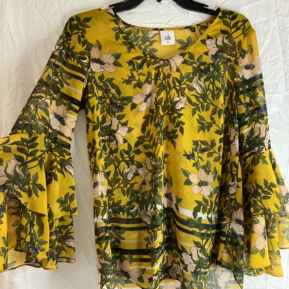 CAbi Yellow Floral Bell Sleeve Blouse